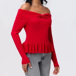 🔥525 Morgan Elegant Red Off-Shoulder Peplum Sweater